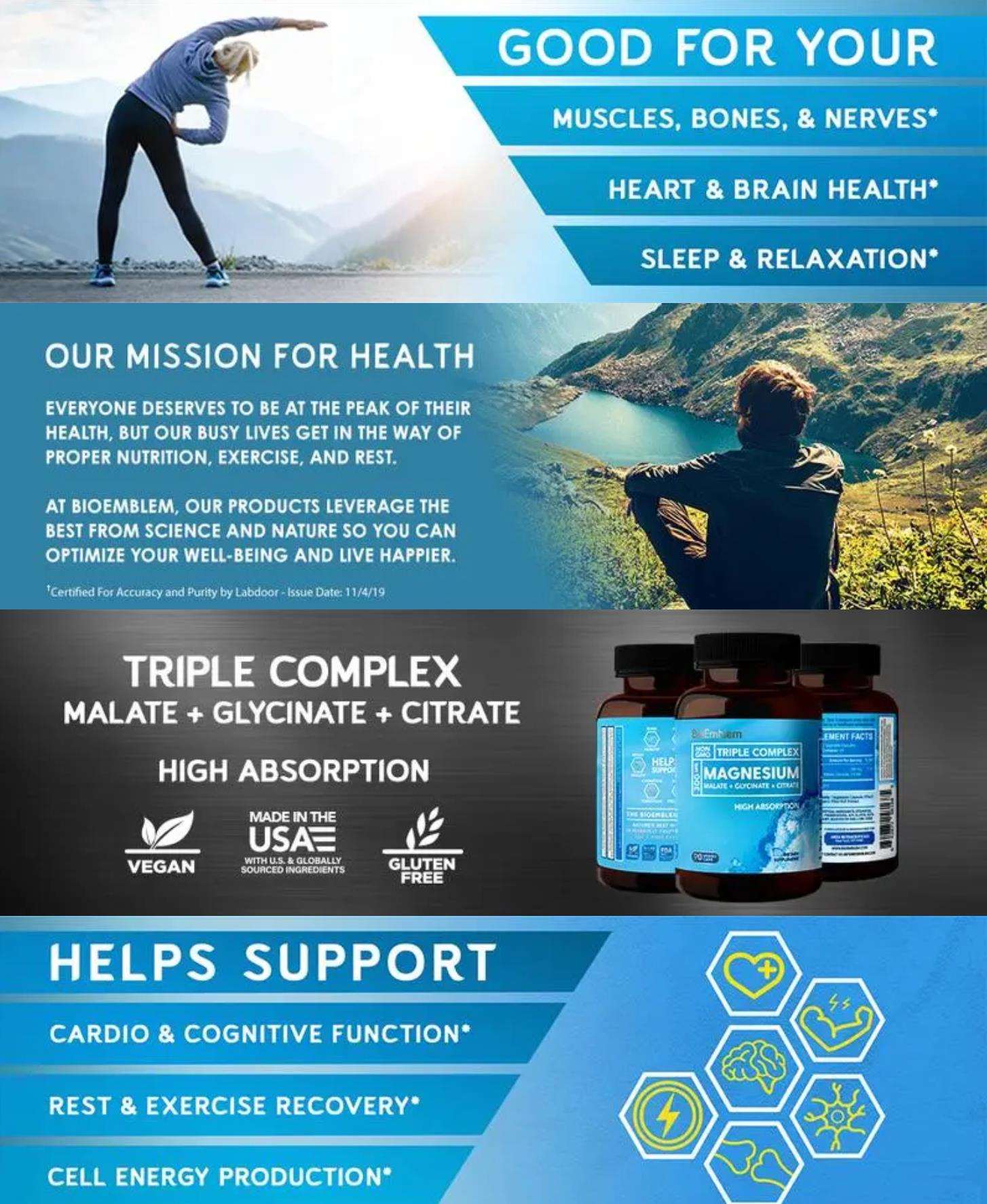 Triple Magnesium Complex | 300mg of Magnesium Glycinate, Malate, & Citrate for Muscles, Nerves, & Energy | High Absorption | Vegan, Non-GMO | 90 Capsules