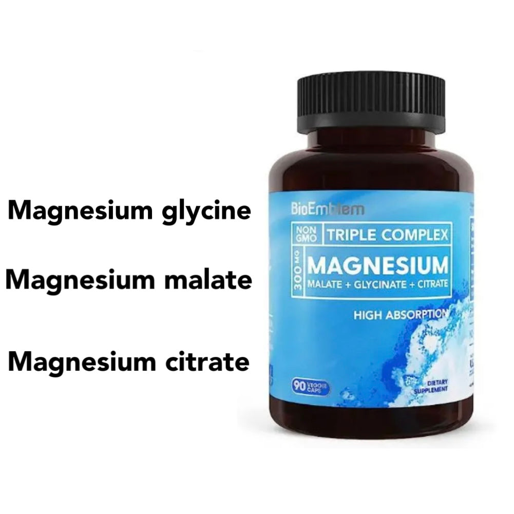 Triple Magnesium Complex | 300mg of Magnesium Glycinate, Malate, & Citrate for Muscles, Nerves, & Energy | High Absorption | Vegan, Non-GMO | 90 Capsules