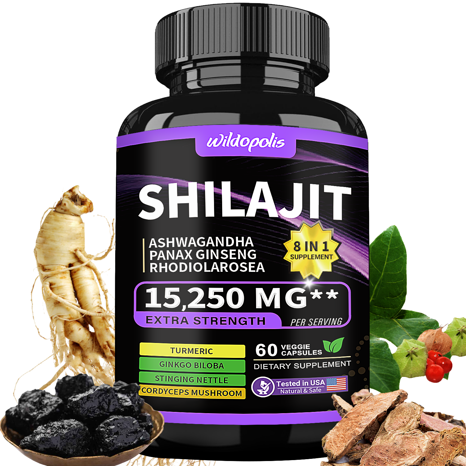 Shilajit 9000 Panax Ginseng 1500MG Ashwagandha 2000MG Rhodiola Rosea 1000MG, Turmeric 500MG, Gingko Biloba 500MG, Stinging Nettle 250MG, Cordyceps Mushroom 500MG