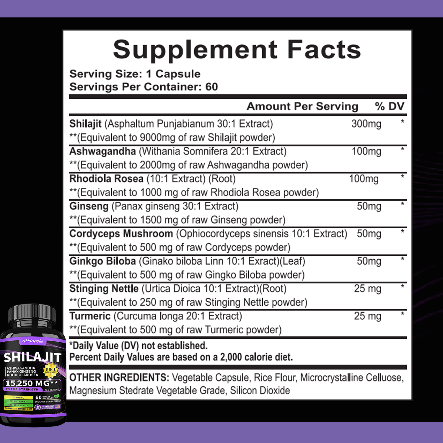 Shilajit 9000 Panax Ginseng 1500MG Ashwagandha 2000MG Rhodiola Rosea 1000MG, Turmeric 500MG, Gingko Biloba 500MG, Stinging Nettle 250MG, Cordyceps Mushroom 500MG