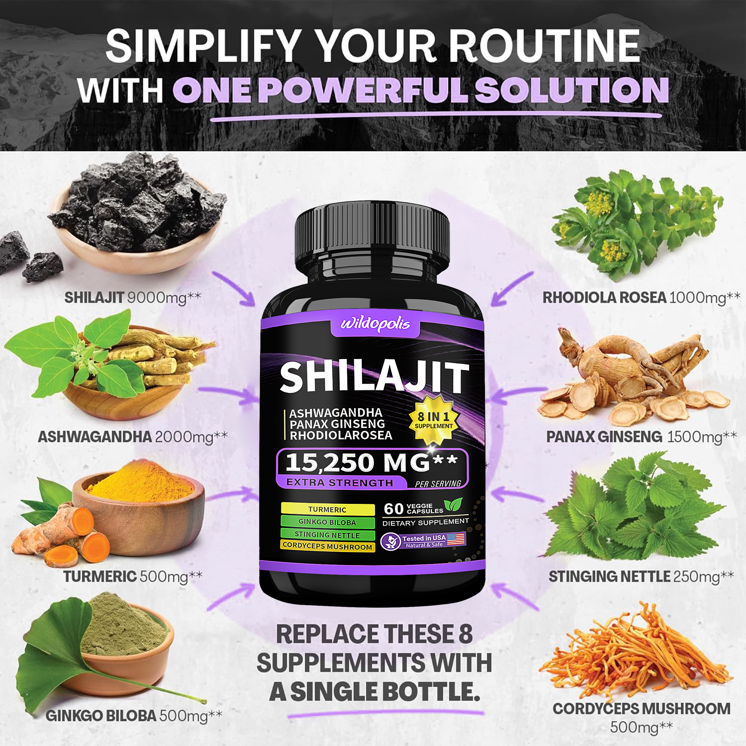 Shilajit 9000 Panax Ginseng 1500MG Ashwagandha 2000MG Rhodiola Rosea 1000MG, Turmeric 500MG, Gingko Biloba 500MG, Stinging Nettle 250MG, Cordyceps Mushroom 500MG