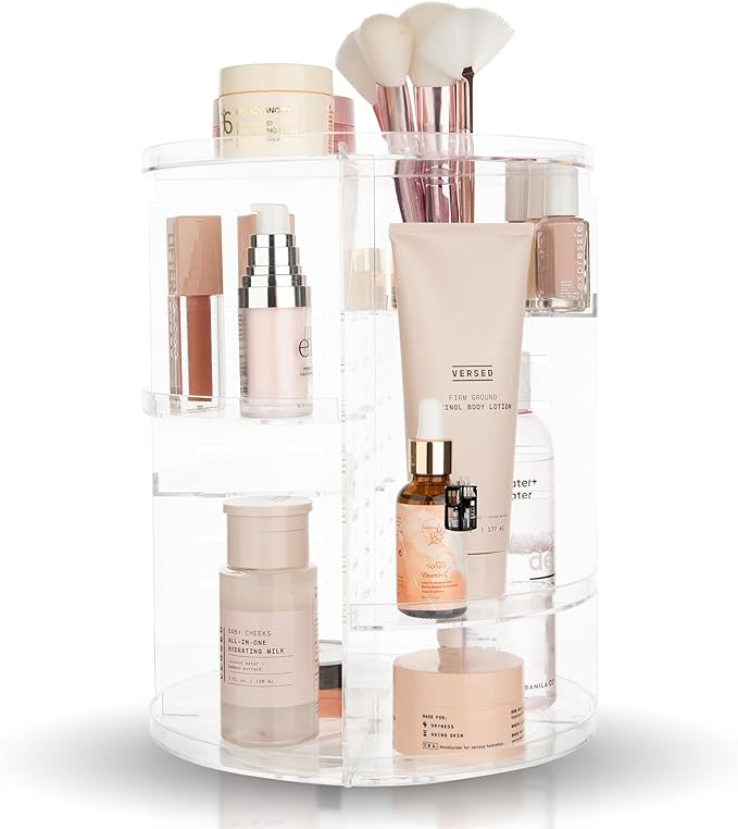 360 Rotating Makeup Organizer - Adjustable Shelf Height and Fully Rotatable.