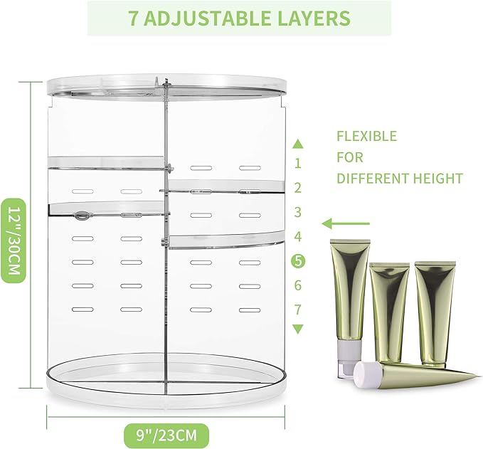 360 Rotating Makeup Organizer - Adjustable Shelf Height and Fully Rotatable.