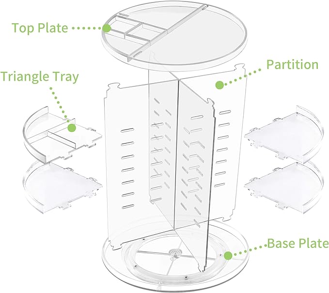 360 Rotating Makeup Organizer - Adjustable Shelf Height and Fully Rotatable.
