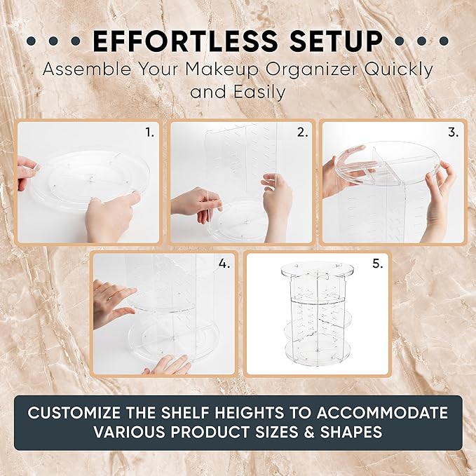 360 Rotating Makeup Organizer - Adjustable Shelf Height and Fully Rotatable.