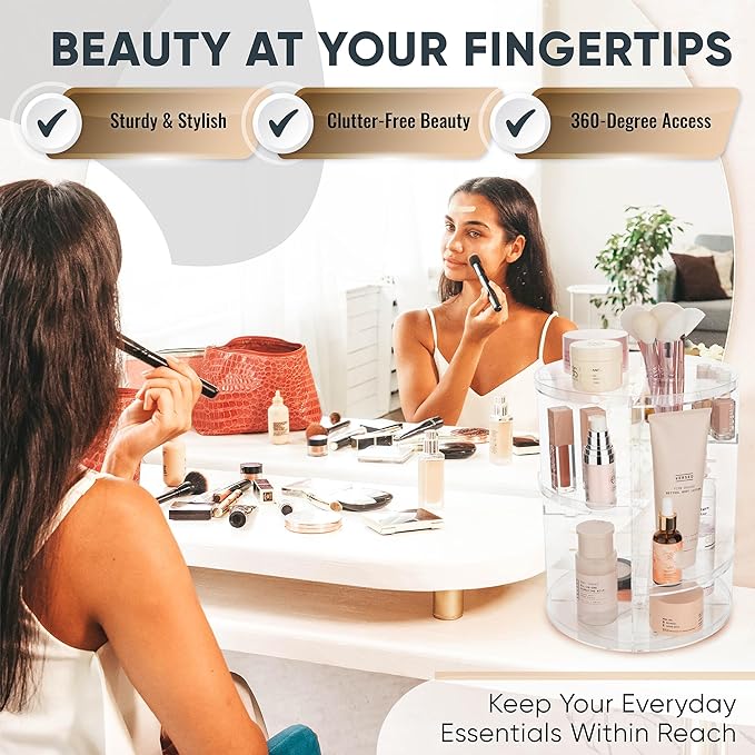 360 Rotating Makeup Organizer - Adjustable Shelf Height and Fully Rotatable.