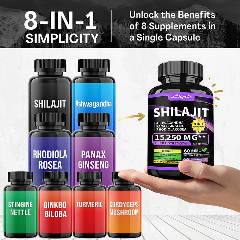 Shilajit 9000 Panax Ginseng 1500MG Ashwagandha 2000MG Rhodiola Rosea 1000MG, Turmeric 500MG, Gingko Biloba 500MG, Stinging Nettle 250MG, Cordyceps Mushroom 500MG