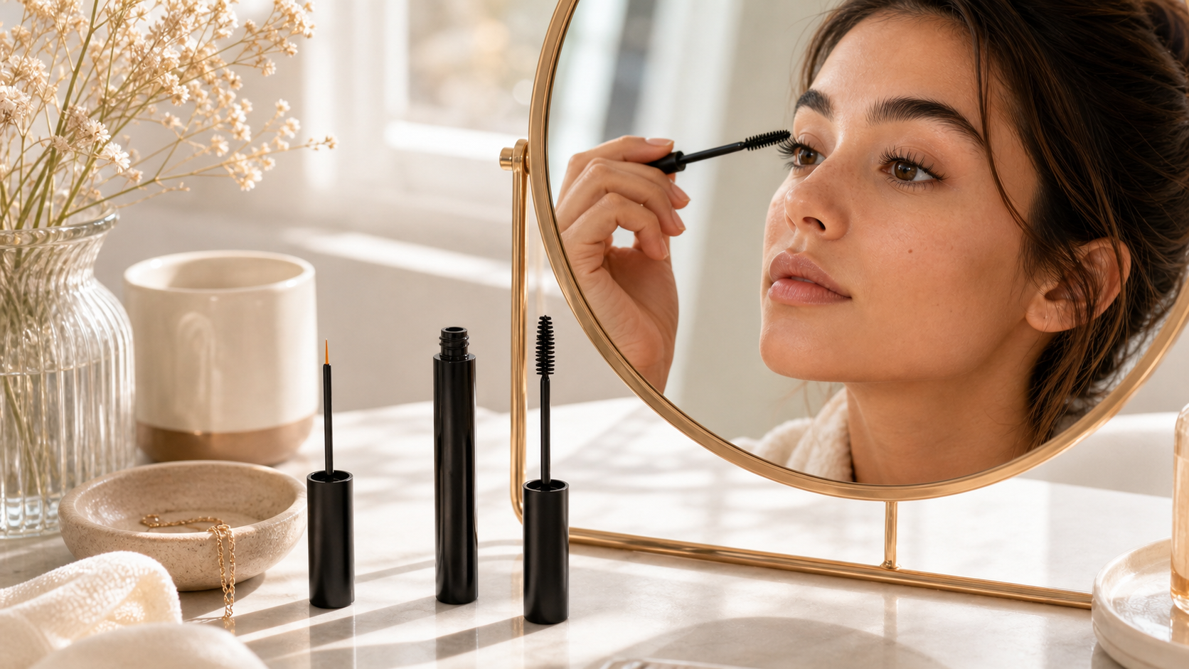 morning lash care before makeup with lash serum and spoolie