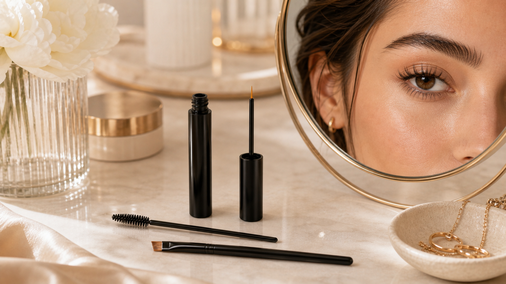 lash and brow serum routine with clean beauty tools