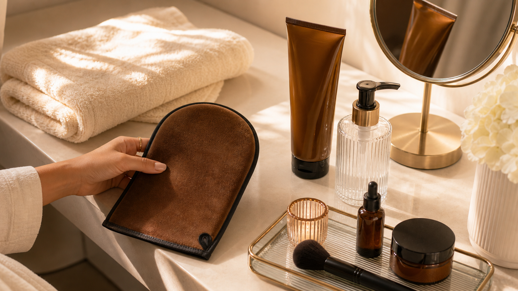 2bmaagic self tanning for beginners bathroom vanity with tanning mitt and glow essentials