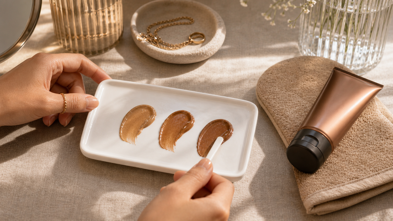2bmaagic guide to choosing the right self tanning shade with bronze swatches and tanning tools