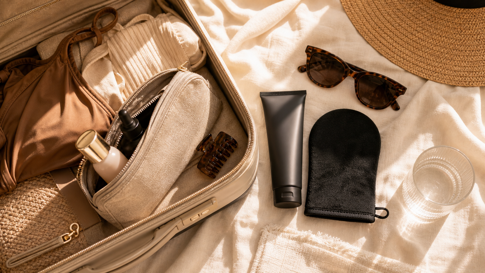 2bmaagic vacation glow self tanning travel flatlay with tanning mitt and beauty essentials