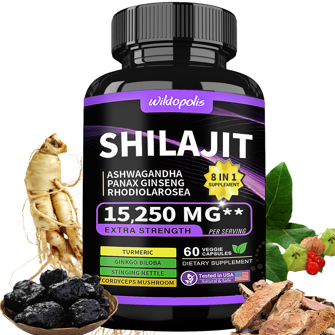 Shilajit 9000 Panax Ginseng 1500MG Ashwagandha 2000MG Rhodiola Rosea 1000MG, Turmeric 500MG, Gingko Biloba 500MG, Stinging Nettle 250MG, Cordyceps Mushroom 500MG